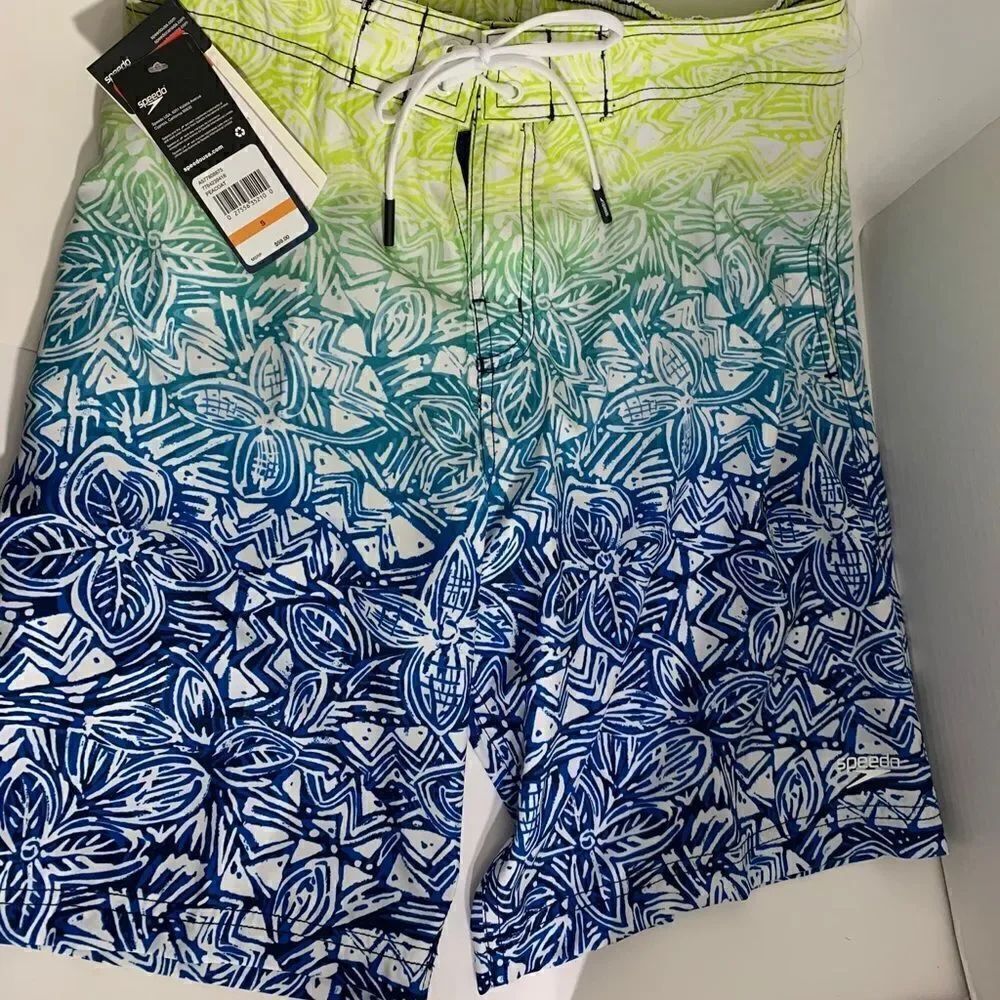 Speedo Swim Small Blue Green Comfort Stretch Water Repellent Mens Swim Trunks